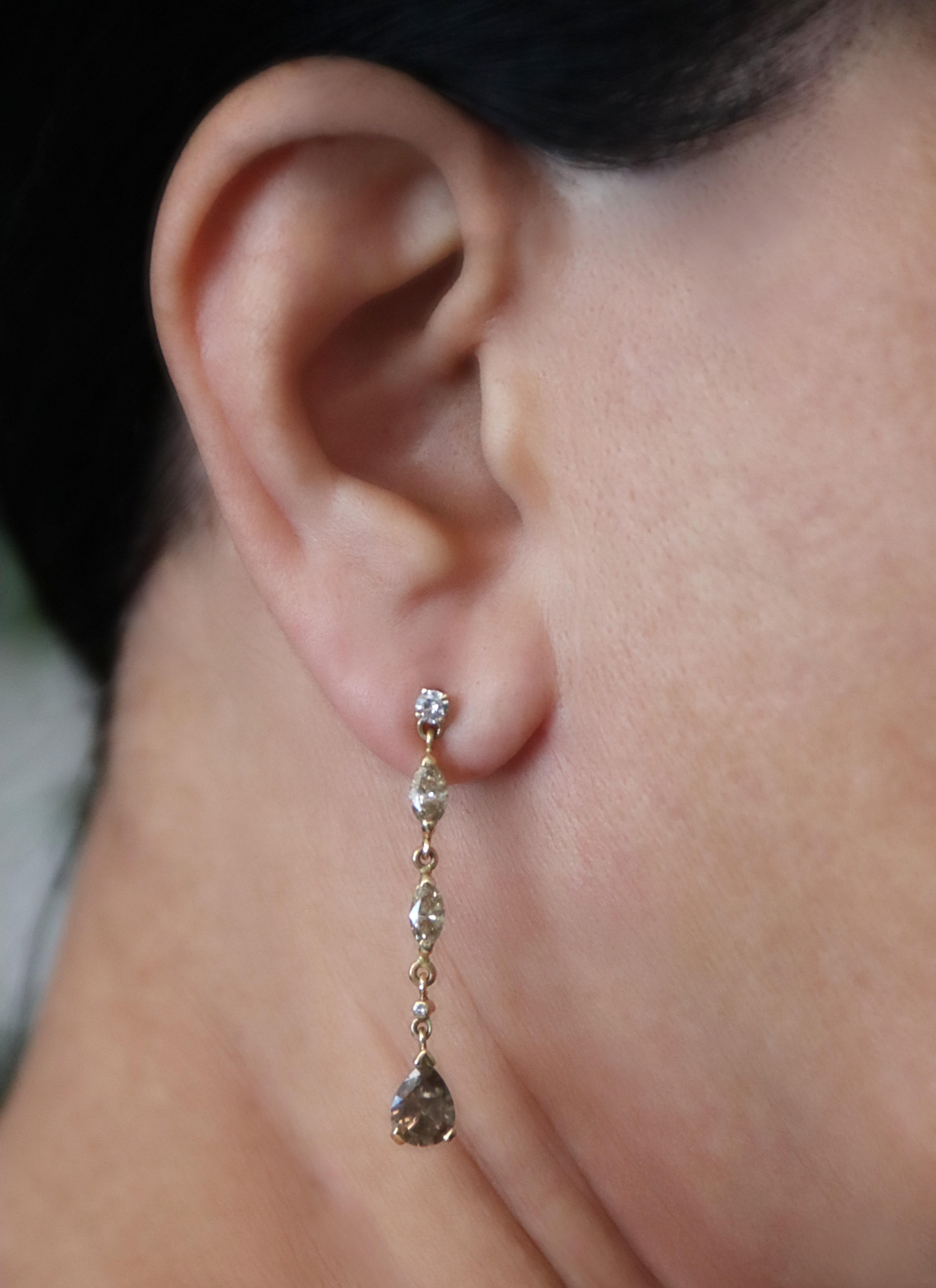 Brown Diamonds 14 Karat Yellow Gold Drop Earrings For Sale 1
