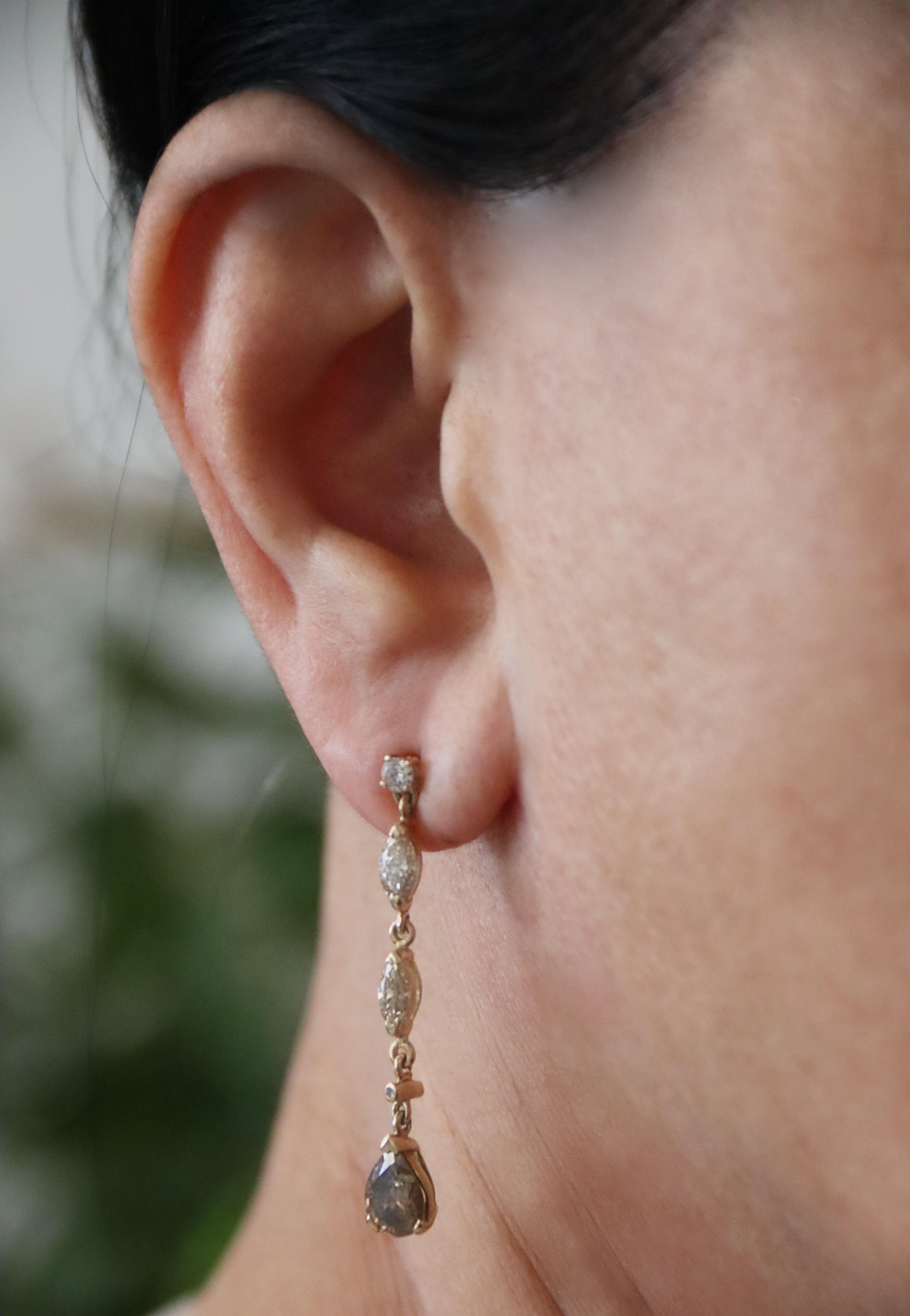 Brown Diamonds 14 Karat Yellow Gold Drop Earrings For Sale 2