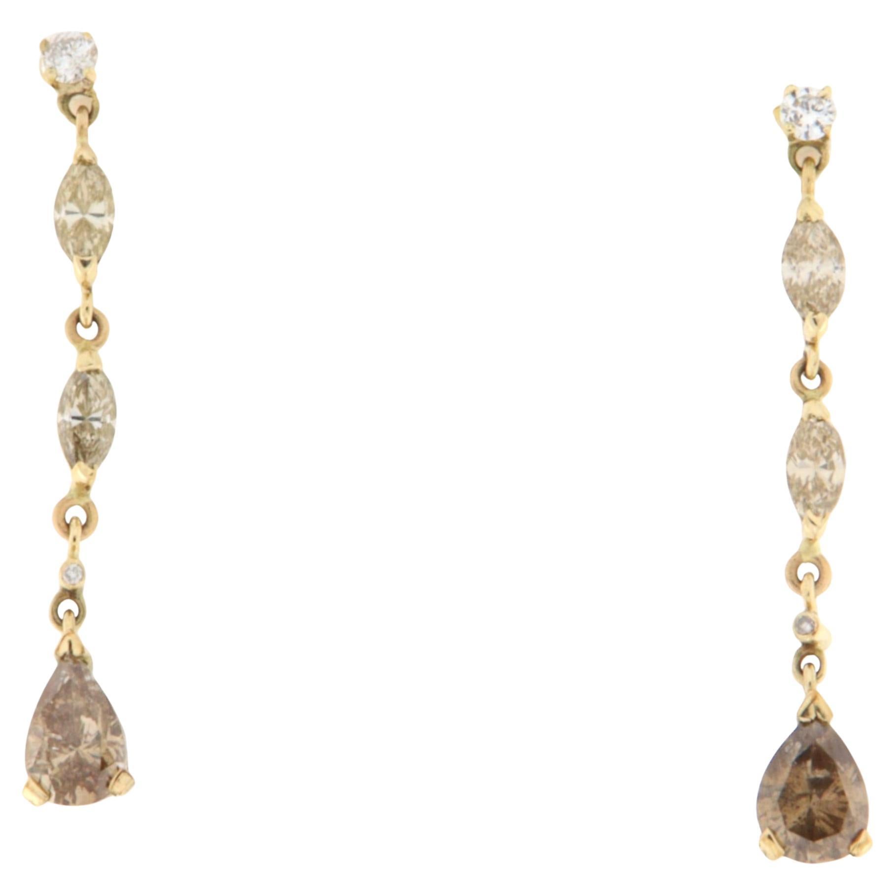 Brown Diamonds 14 Karat Yellow Gold Drop Earrings For Sale