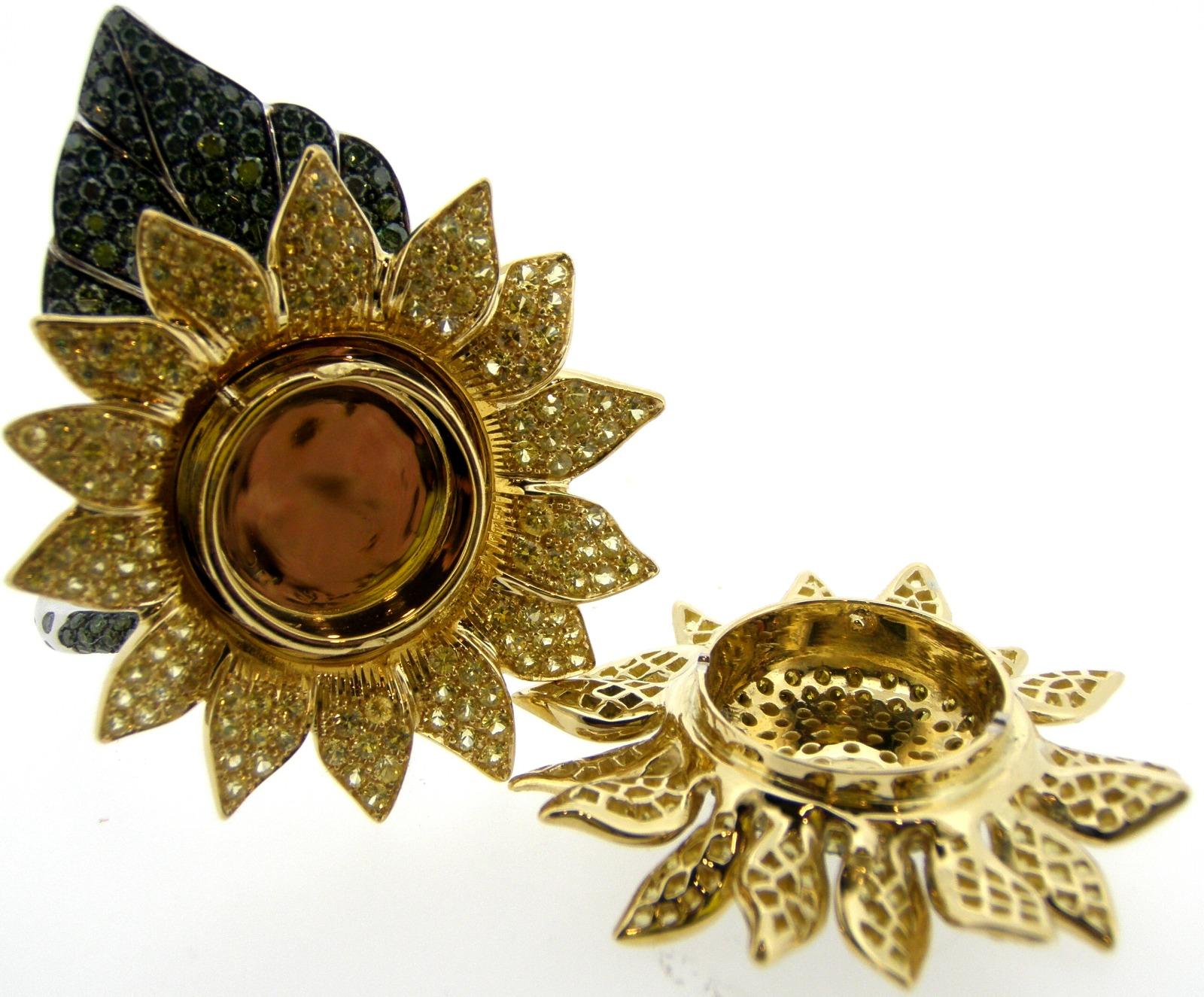 For Sale:  Brown Diamonds and Yellow Sapphires Pavè Sunflower Perfume Holder Ring 5
