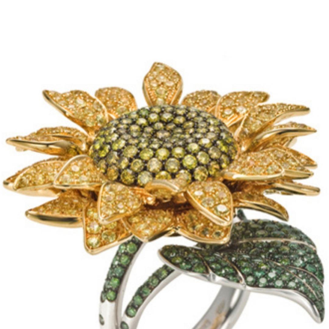 For Sale:  Brown Diamonds and Yellow Sapphires Pavè Sunflower Perfume Holder Ring 4