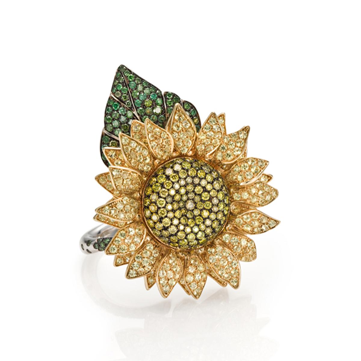 For Sale:  Brown Diamonds and Yellow Sapphires Pavè Sunflower Perfume Holder Ring 3