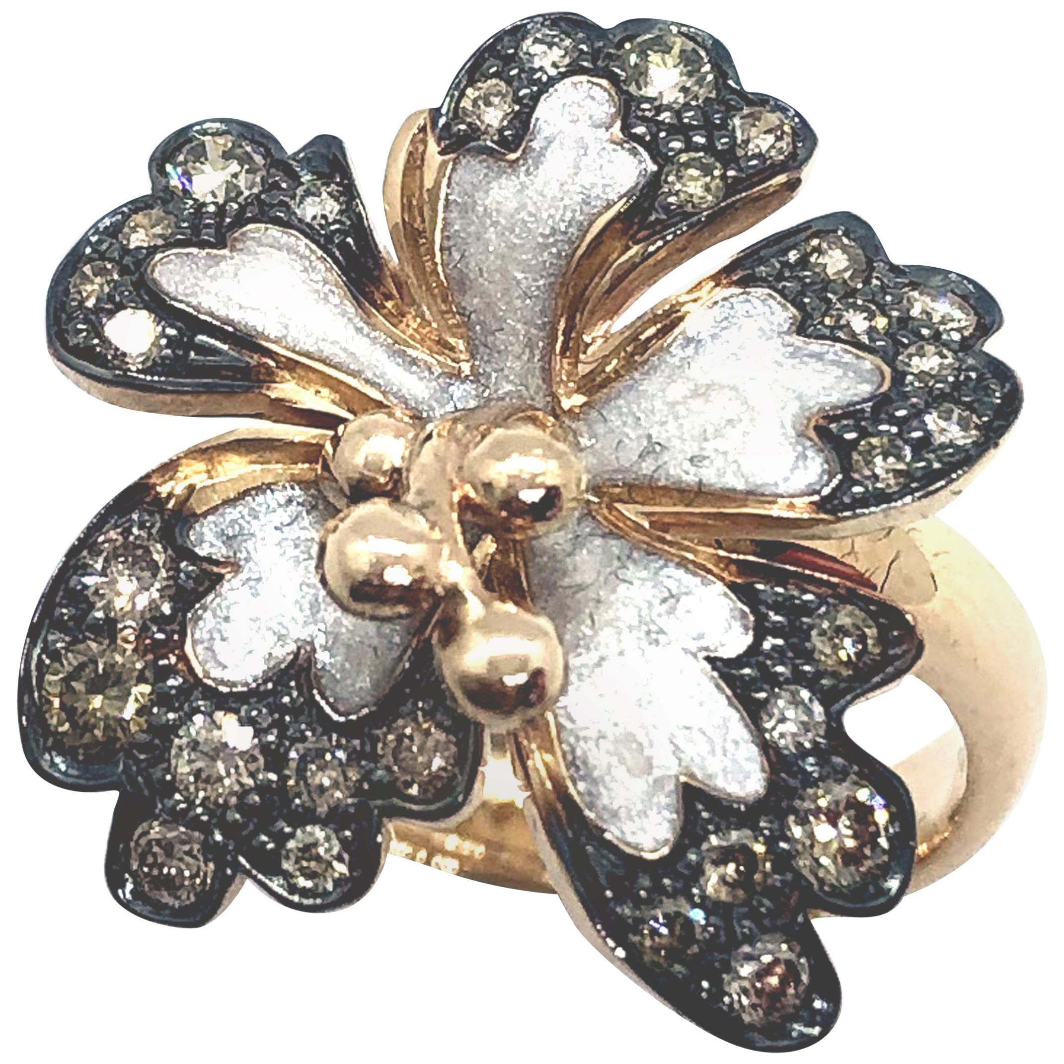 Brown Diamonds Flower Ring 18 Carat Rose Gold and White Enamel Petals For Sale