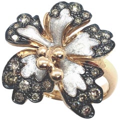 Brown Diamonds Flower Ring 18 Carat Rose Gold and White Enamel Petals