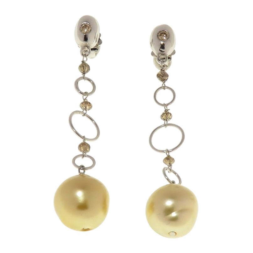 Diamonds Gold Australian Pearl Diamonds Dangle Earrings For Sale at 1stDibs