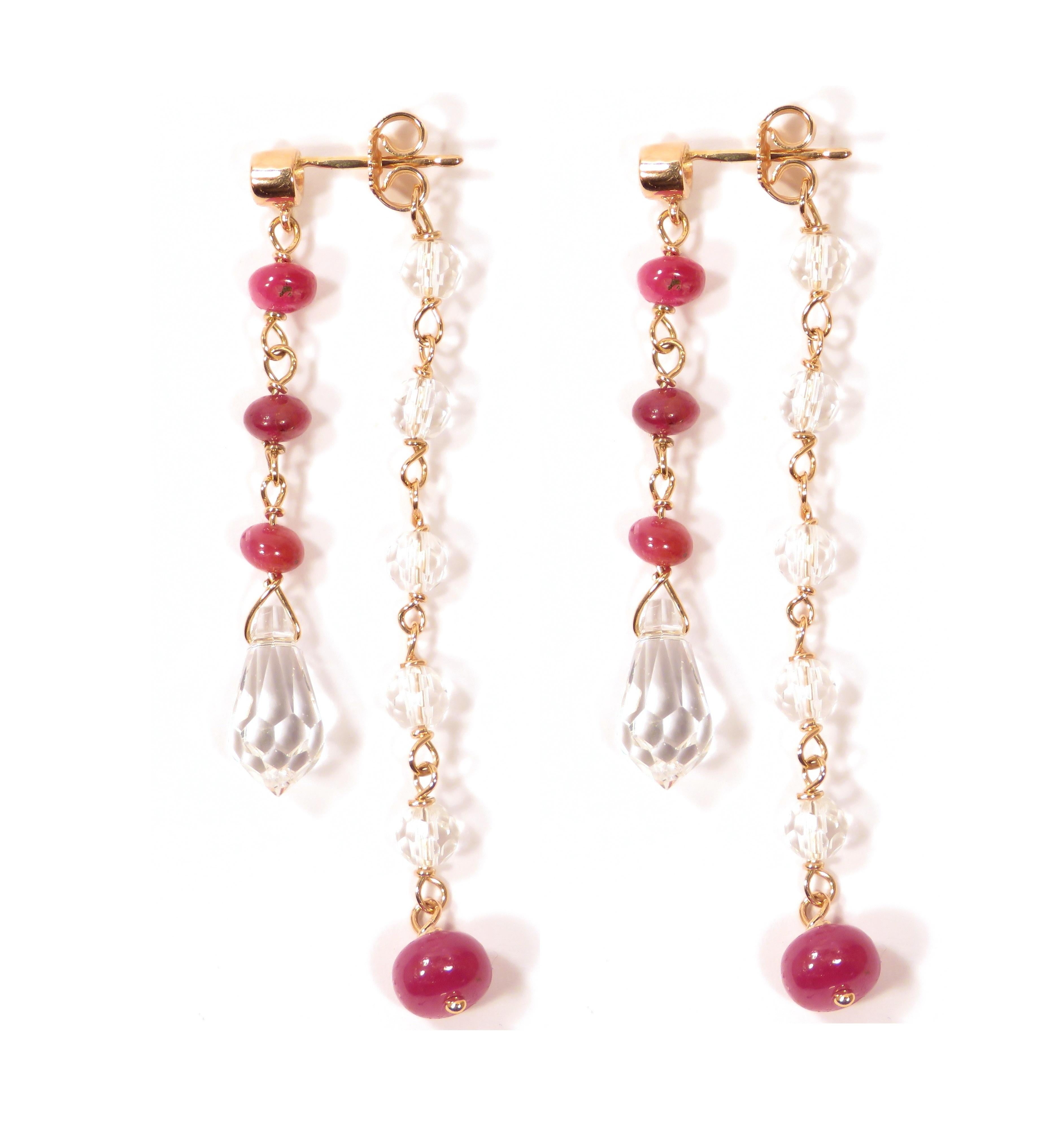 Dangle earrings in 9 karat rose gold with 2 brown diamonds 0.05 ctw, real rubies and rock crystal gemstones. The front length of each earring is 42 mm / 1.653 inches, the back length is 48 mm / 1.889 inches. These earrings are handcrafted in Italy