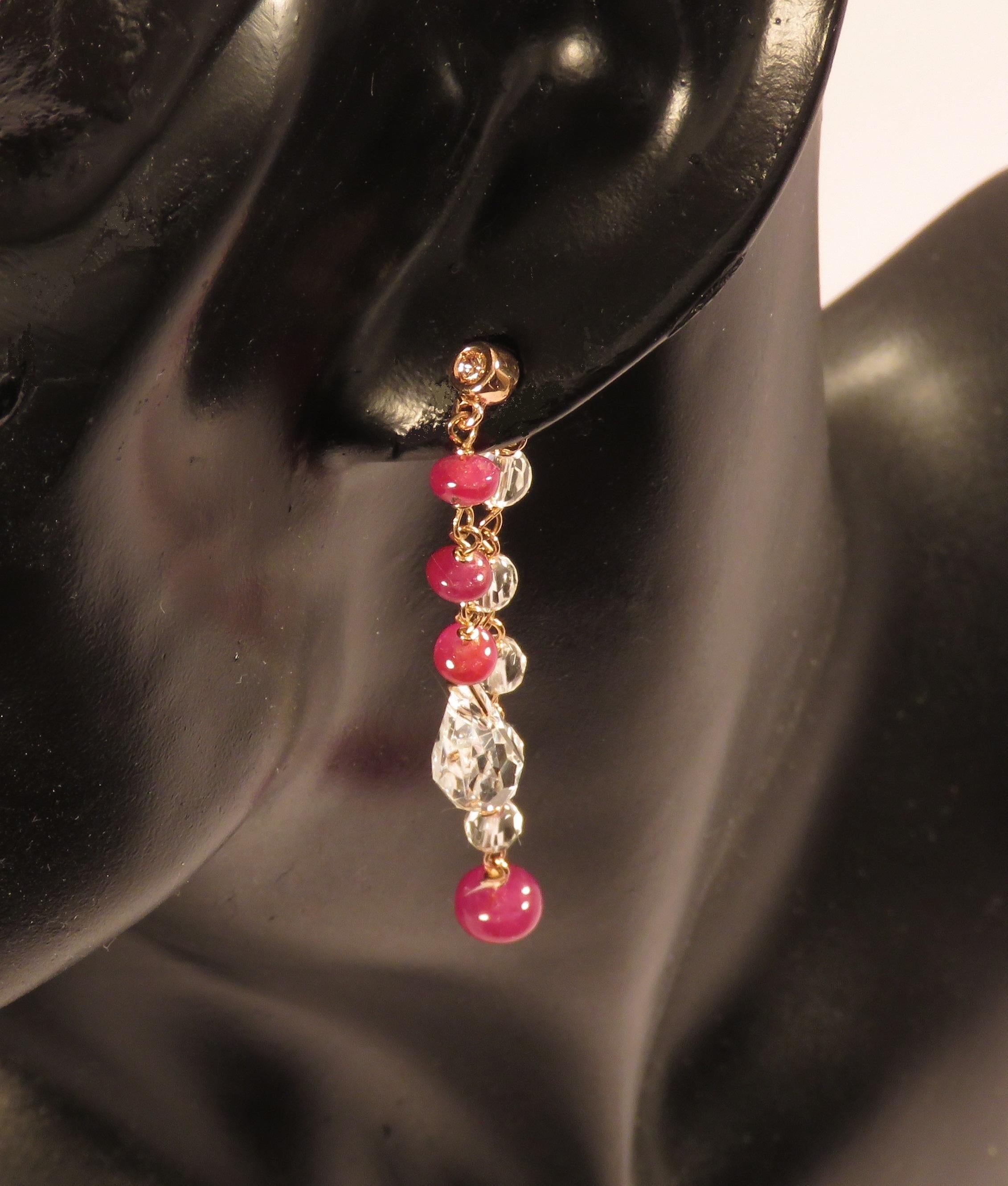 Modern Brown Diamonds Rubies Rock Crystal Rose Gold Earrings Handcrafted in Italy