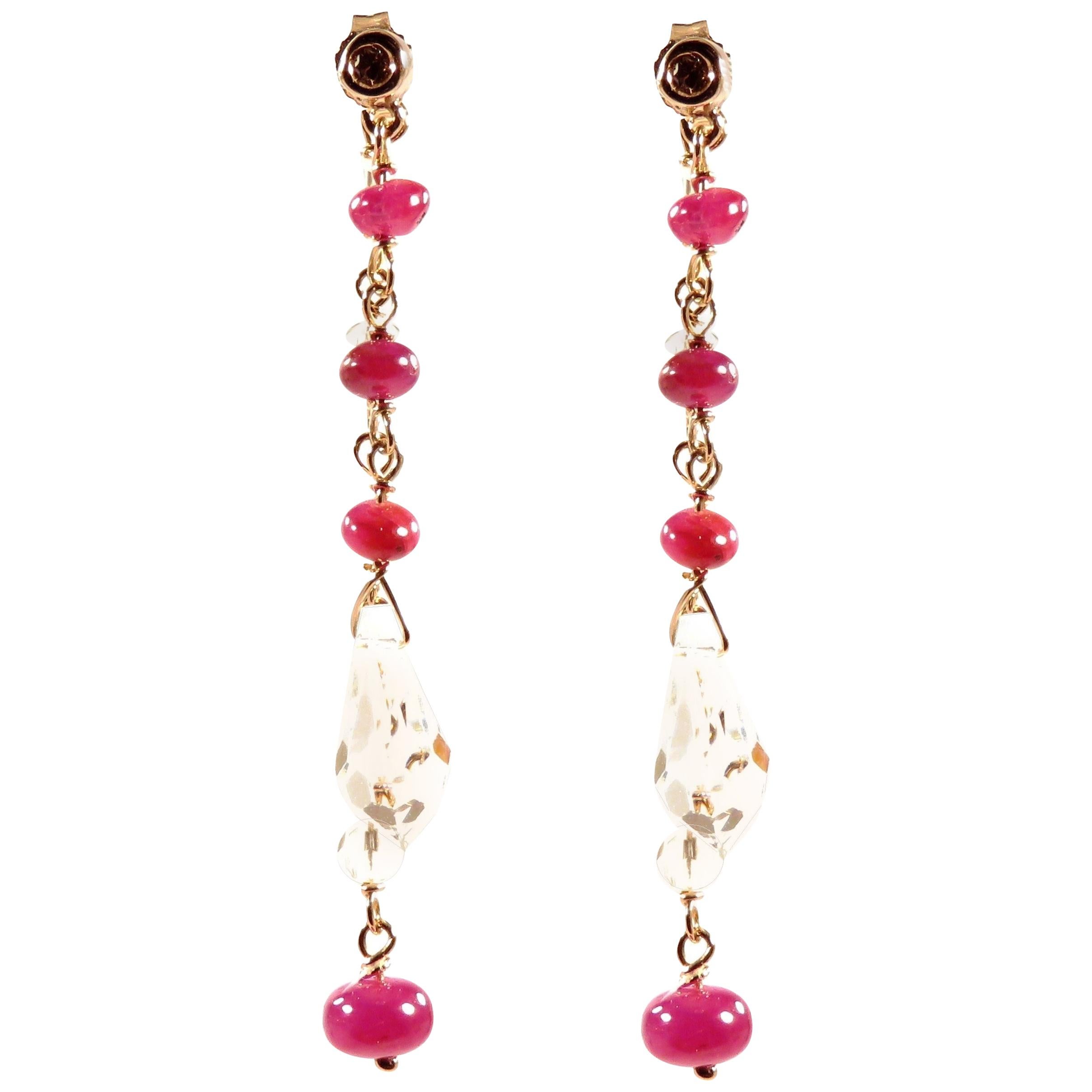 Brown Diamonds Rubies Rock Crystal Rose Gold Earrings Handcrafted in Italy