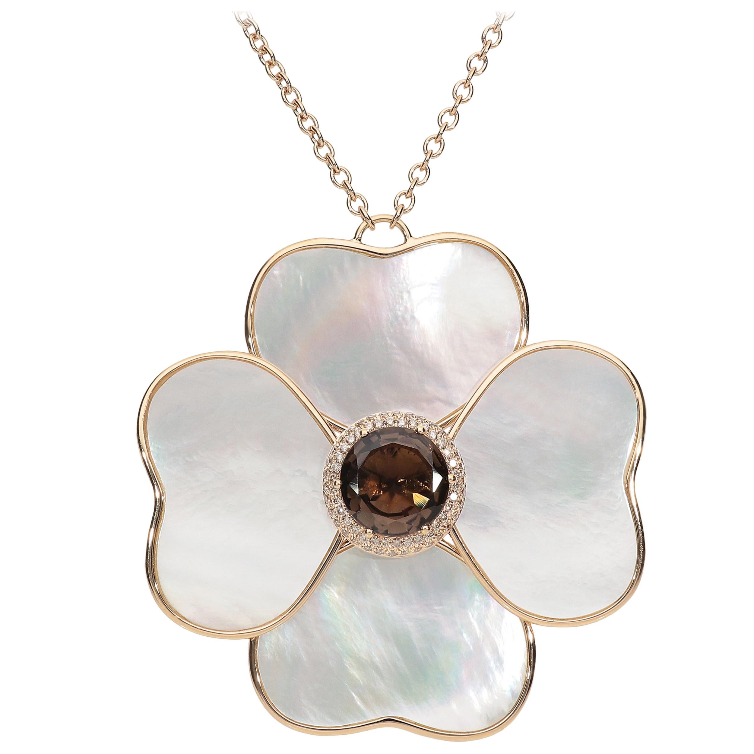 Brown Diamonds Smoky Quartz Mother of Pearls Pink Gold Flower Pendant Necklace For Sale