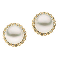 Autore Brown Diamonds White South Sea Pearl Earrings