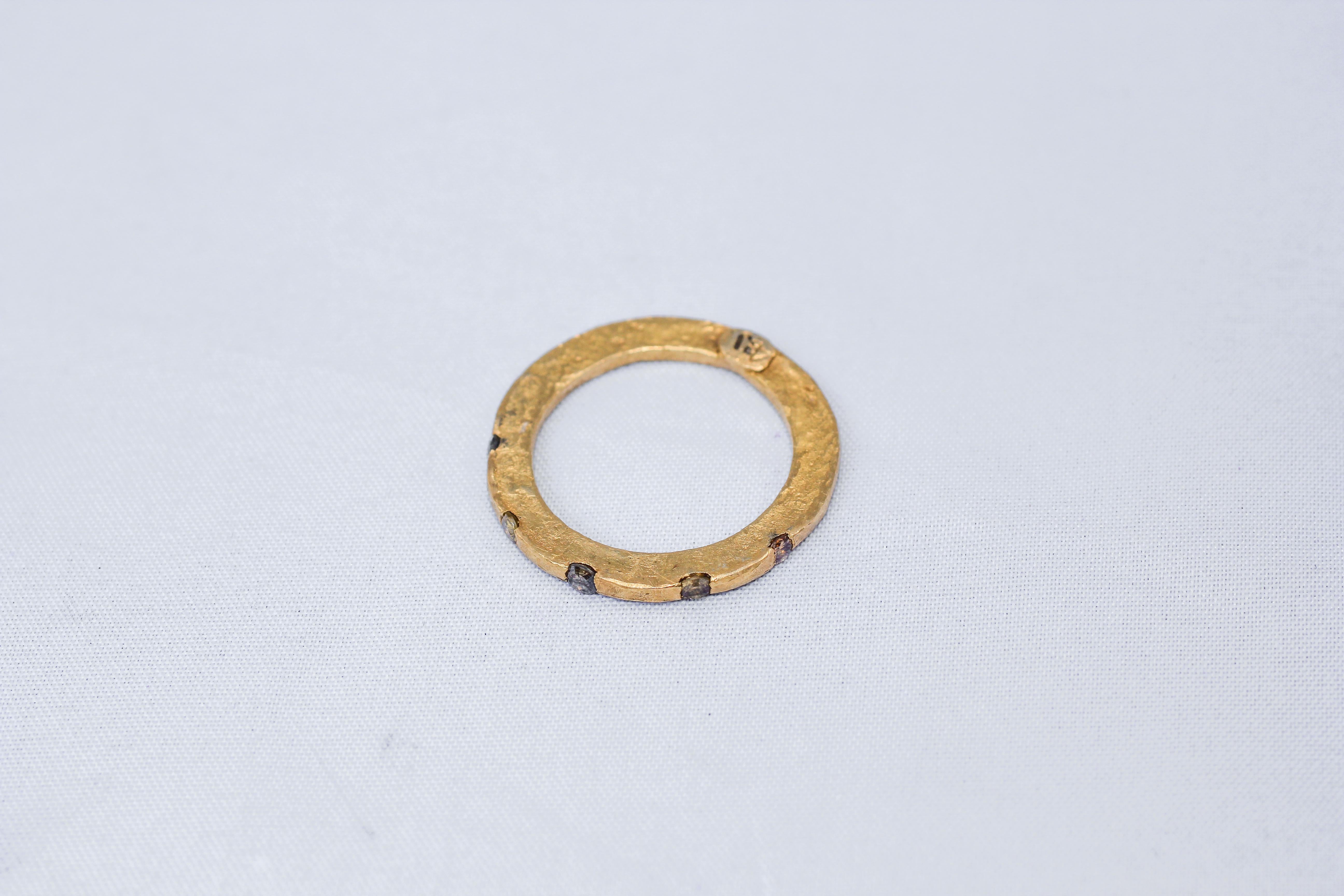Women's or Men's Brown Diamonds Yellow 18k 22k Gold Bridal Wedding Band Ring, Stack #3 For Sale