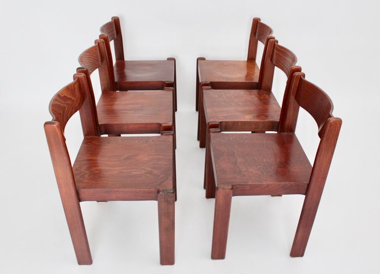Italian Brown Vintage Dining Room Chairs Mid-Century Modern Set of Six, Italy, 1970 For Sale