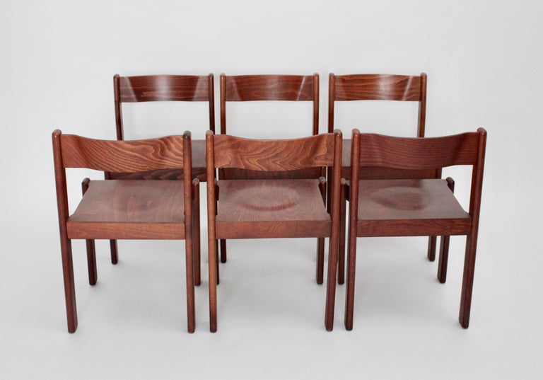 Beech Brown Vintage Dining Room Chairs Mid-Century Modern Set of Six, Italy, 1970 For Sale
