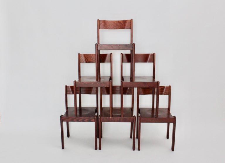 Brown Vintage Dining Room Chairs Mid-Century Modern Set of Six, Italy, 1970 For Sale 1