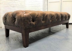Brown Distressed Tufted Leather Bench