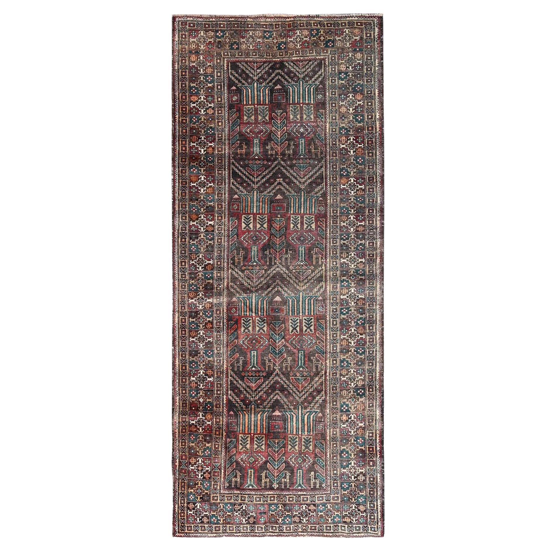 Brown Distressed Vintage Persian Baluch Pure Wool Hand Knotted Clean Runner Rug For Sale