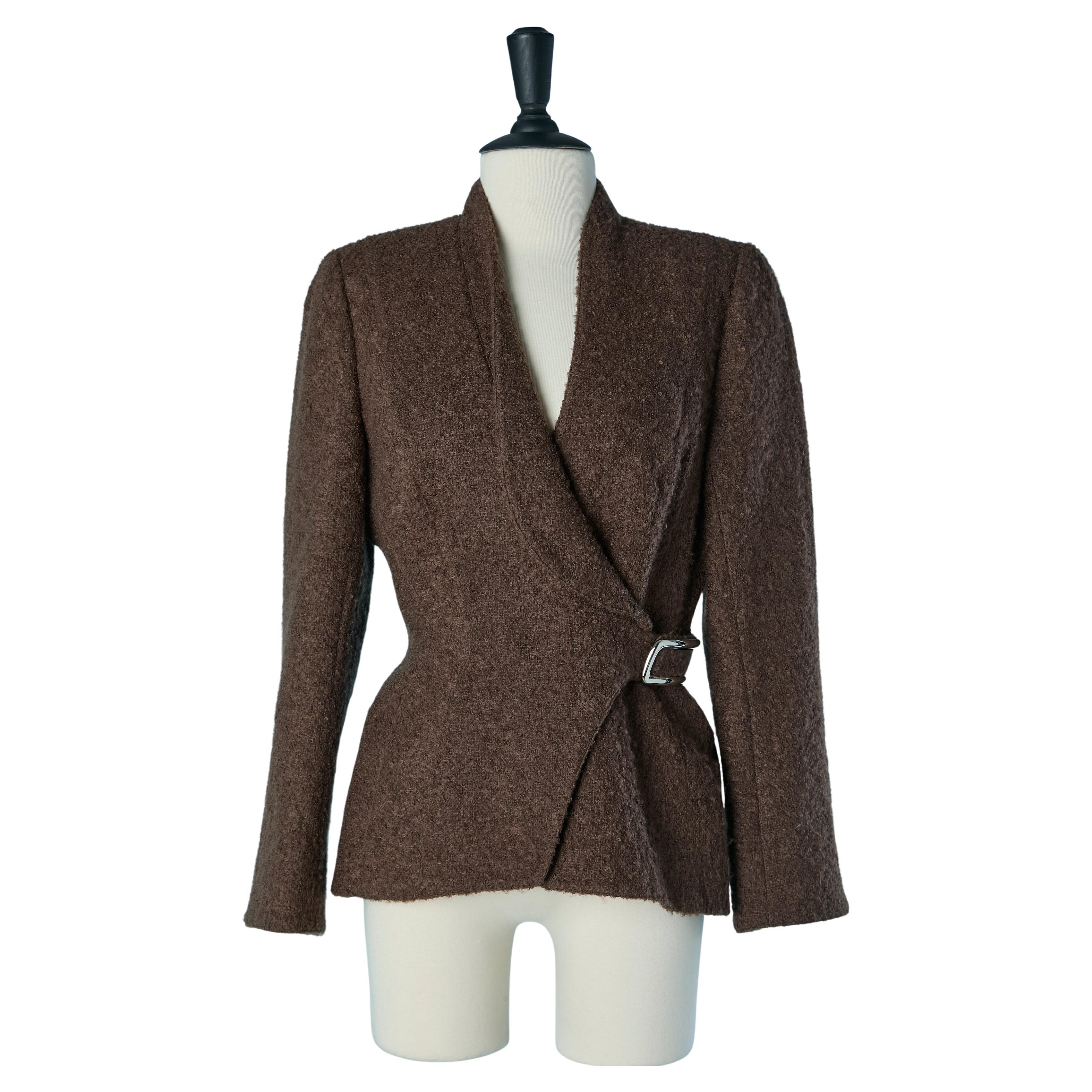 Brown double-breasted wool bouclette jacket with buckle THIERRY MUGLER