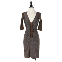 Brown drape jersey dress with lace ruffles in the middle front Pierre Cardin 