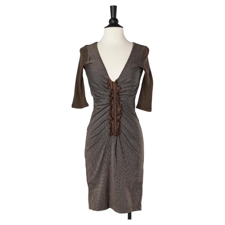 Brown drape jersey dress with lace ruffles in the middle front Pierre