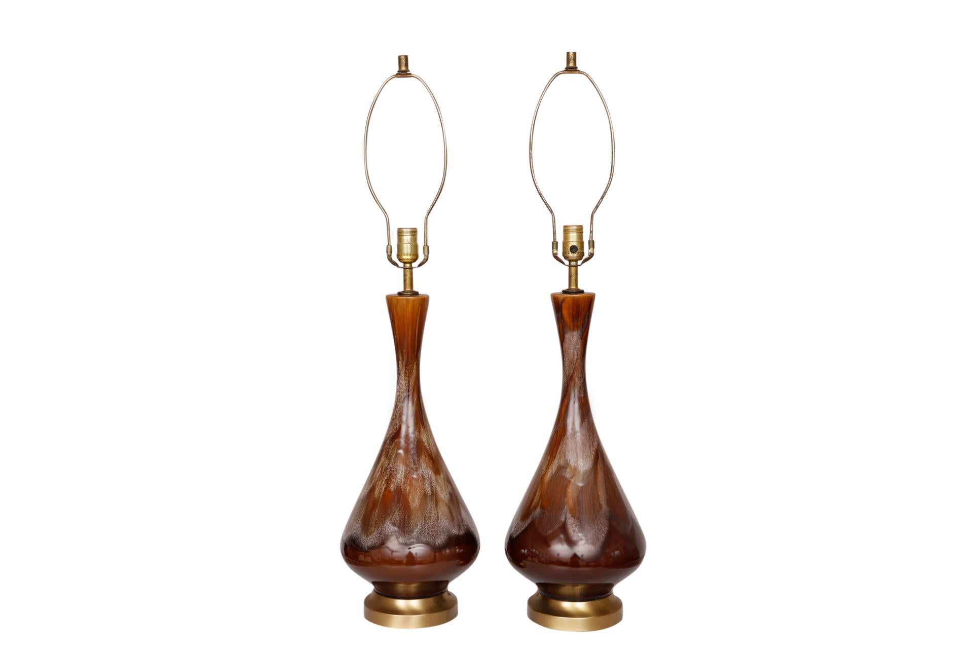 Mid-Century Modern Brown Drip Glaze Ceramic Table Lamps, a Pair For Sale