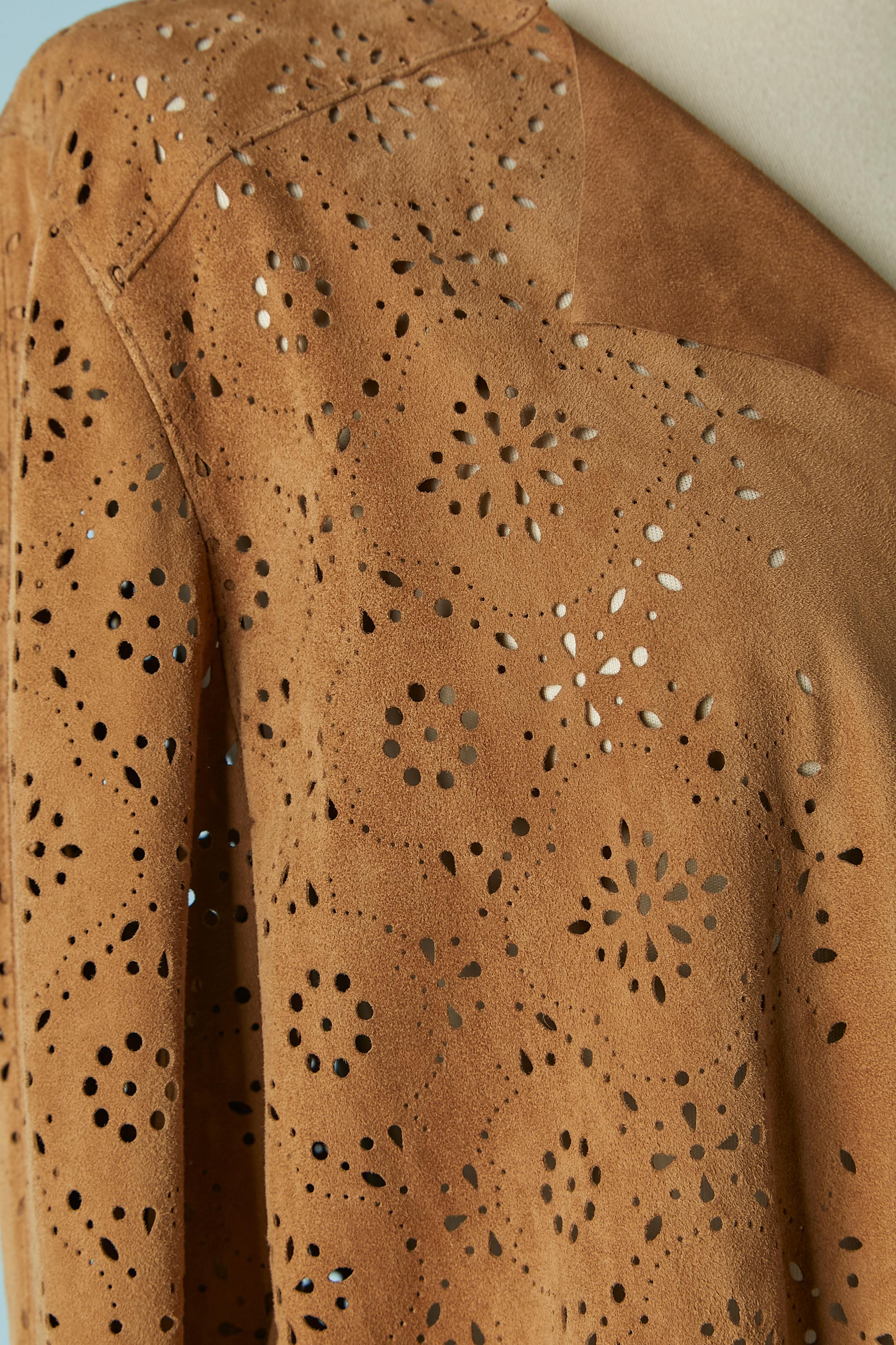 Women's Brown edge to edge suede jacket with lazer cut  For Sale