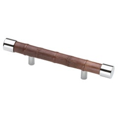 Brown Eel Leather Tube Door / Drawer Pull Handle, Nickel Finish, Medium Size