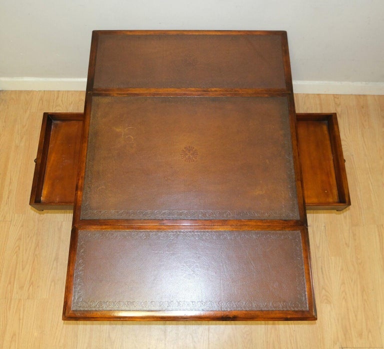 Brown Elegant Theodore Alexander Drop Leaf Coffee Table Leather Top