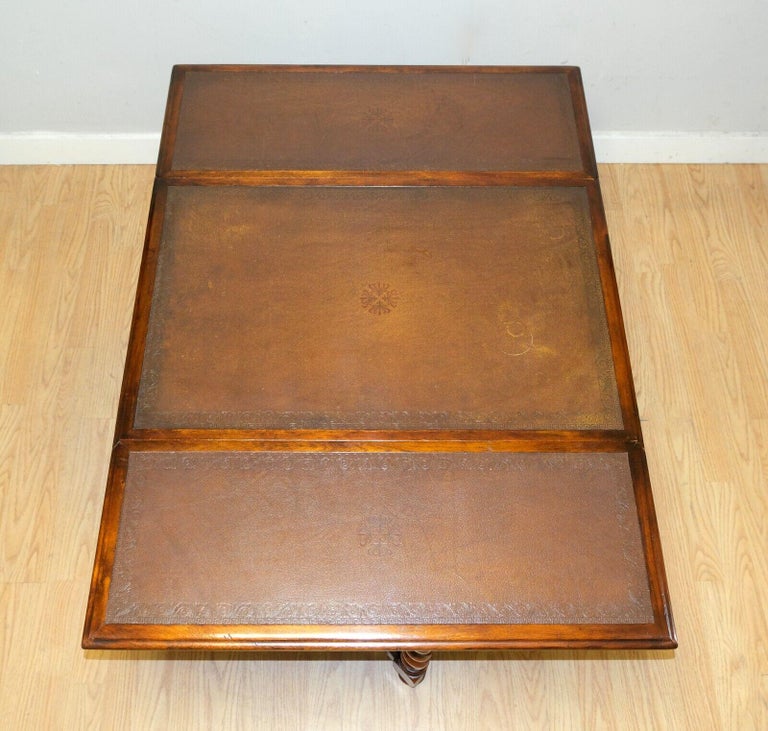 Brown Elegant Theodore Alexander Drop Leaf Coffee Table Leather Top Gate Legs For Sale at 1stDibs