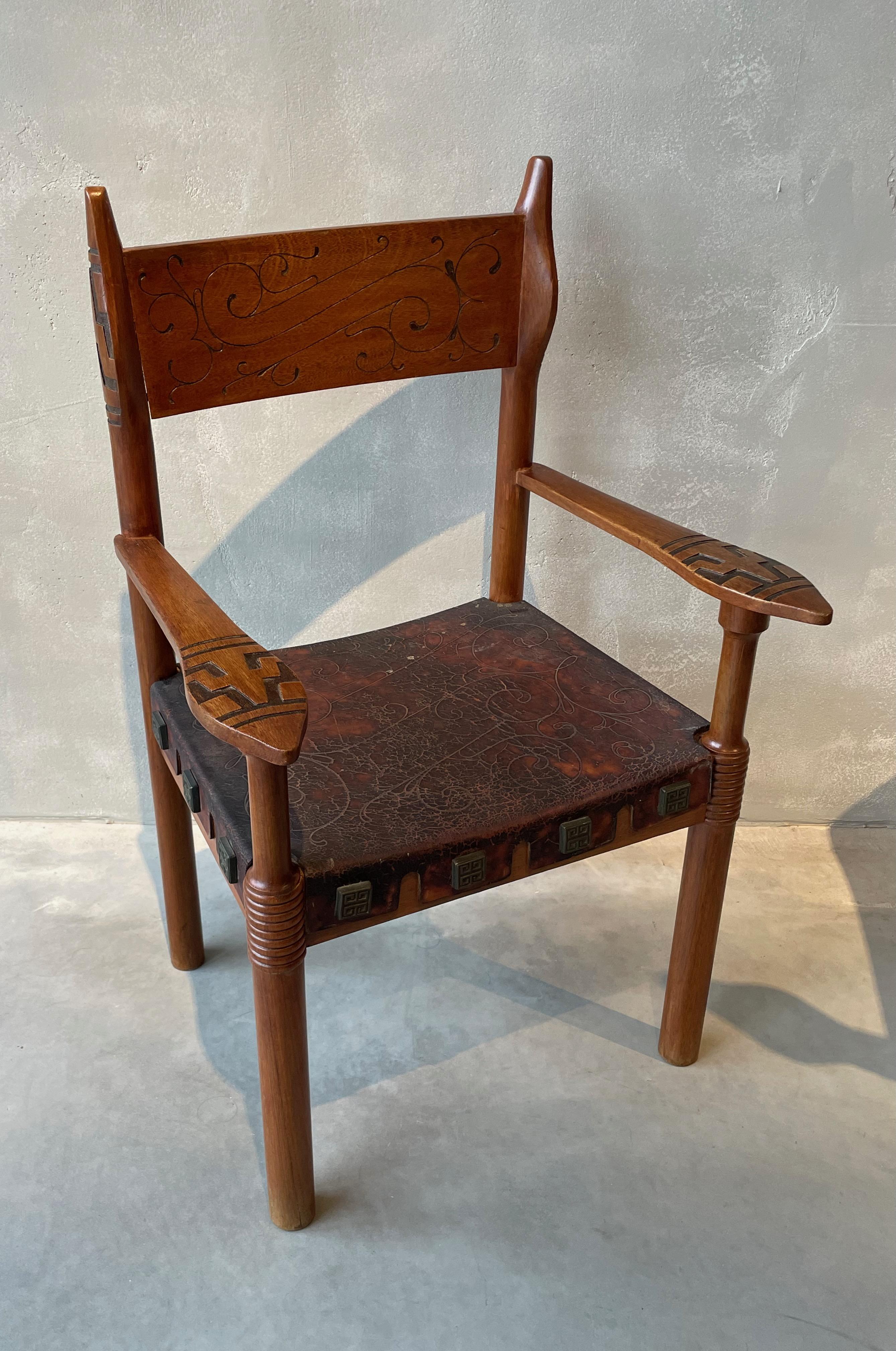 Brown Embossed Leather And Carved Wood Pair Arm Chairs, Spain, 1970s  For Sale 6