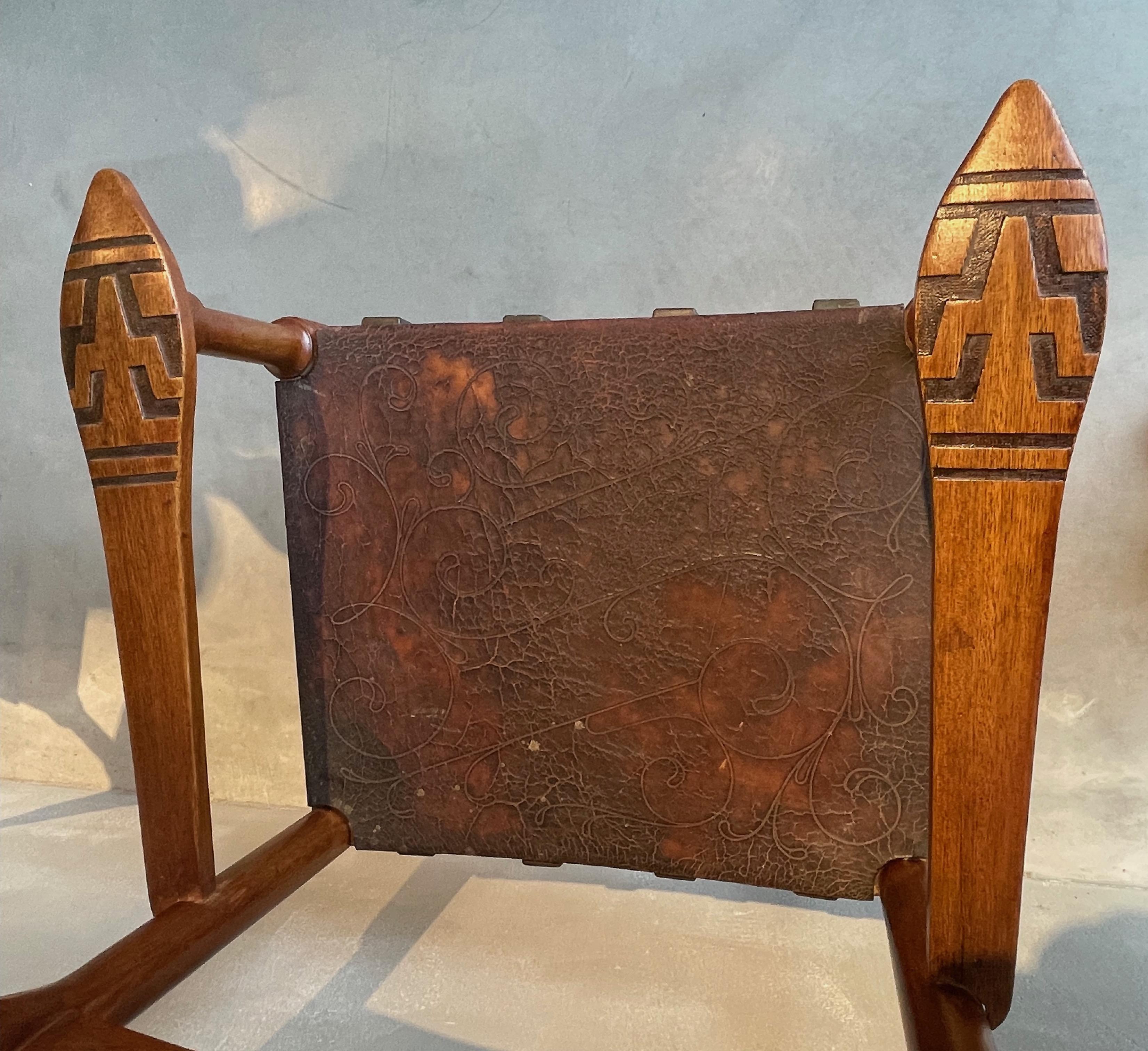 Brown Embossed Leather And Carved Wood Pair Arm Chairs, Spain, 1970s  In Good Condition For Sale In New York, NY
