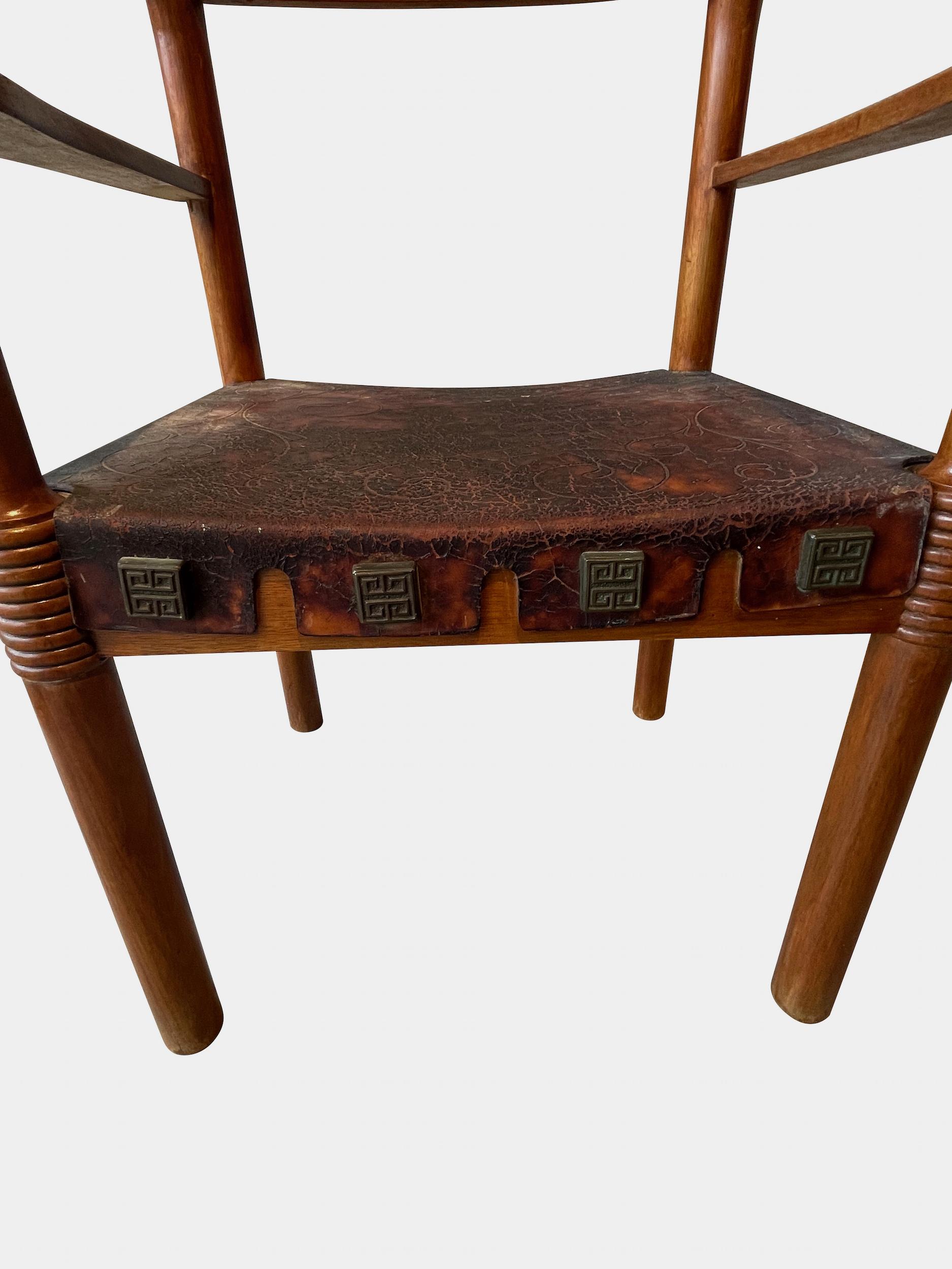 Brown Embossed Leather And Carved Wood Pair Arm Chairs, Spain, 1970s  For Sale 1
