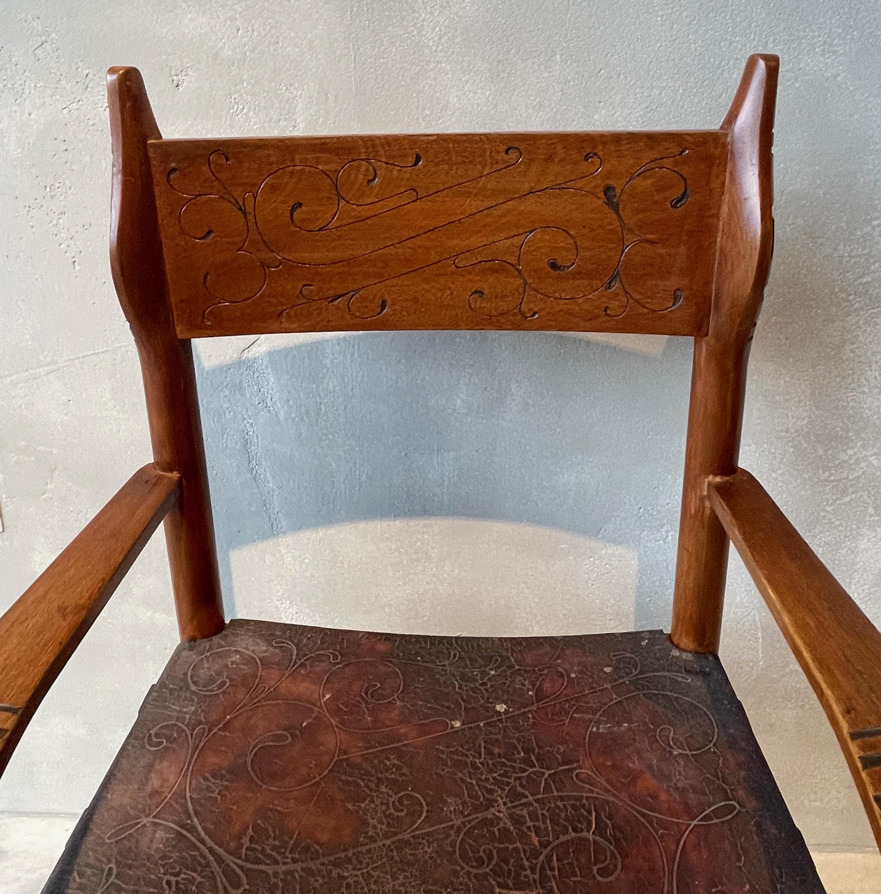 Brown Embossed Leather And Carved Wood Pair Arm Chairs, Spain, 1970s  For Sale 2