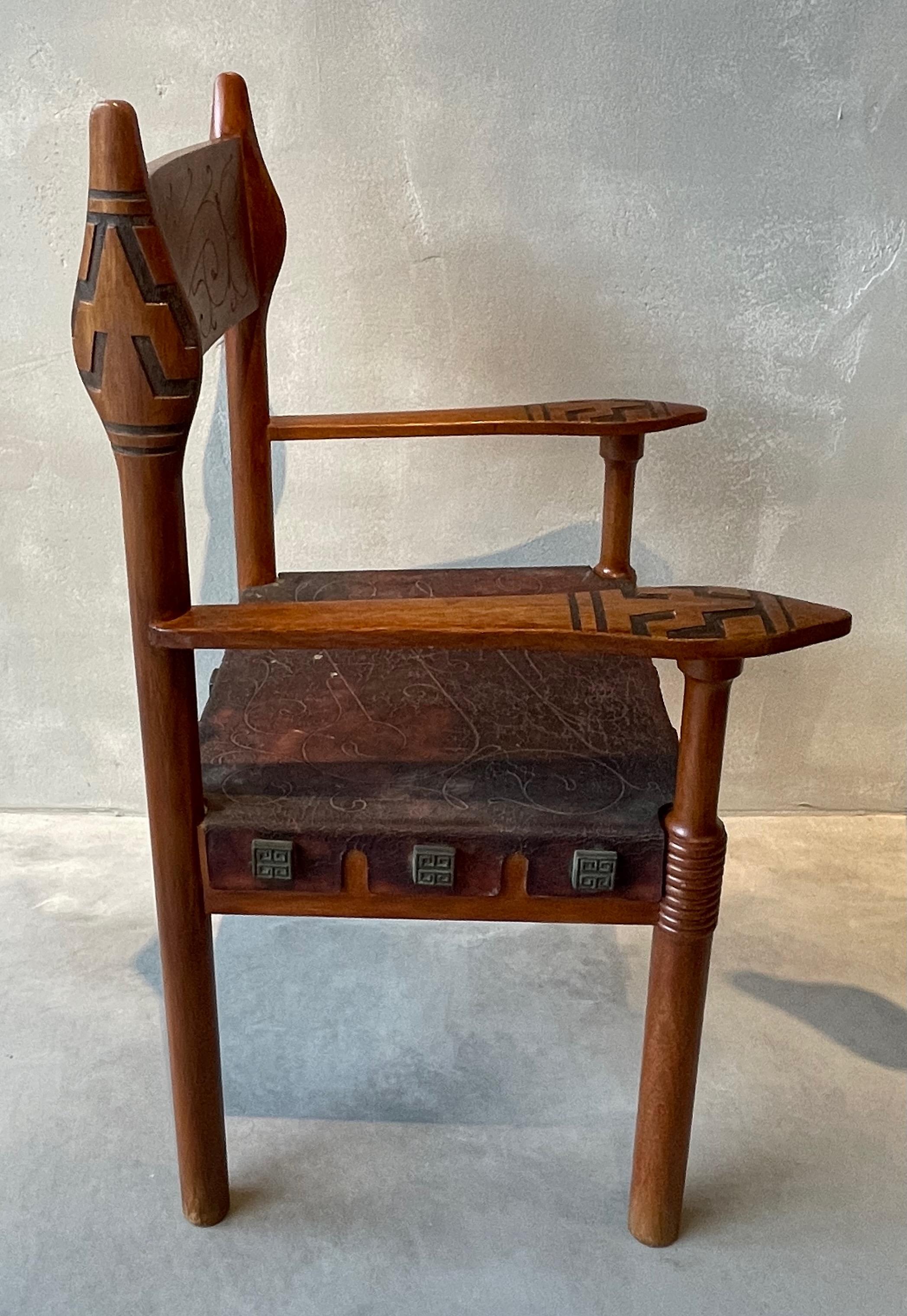 Brown Embossed Leather And Carved Wood Pair Arm Chairs, Spain, 1970s  For Sale 4