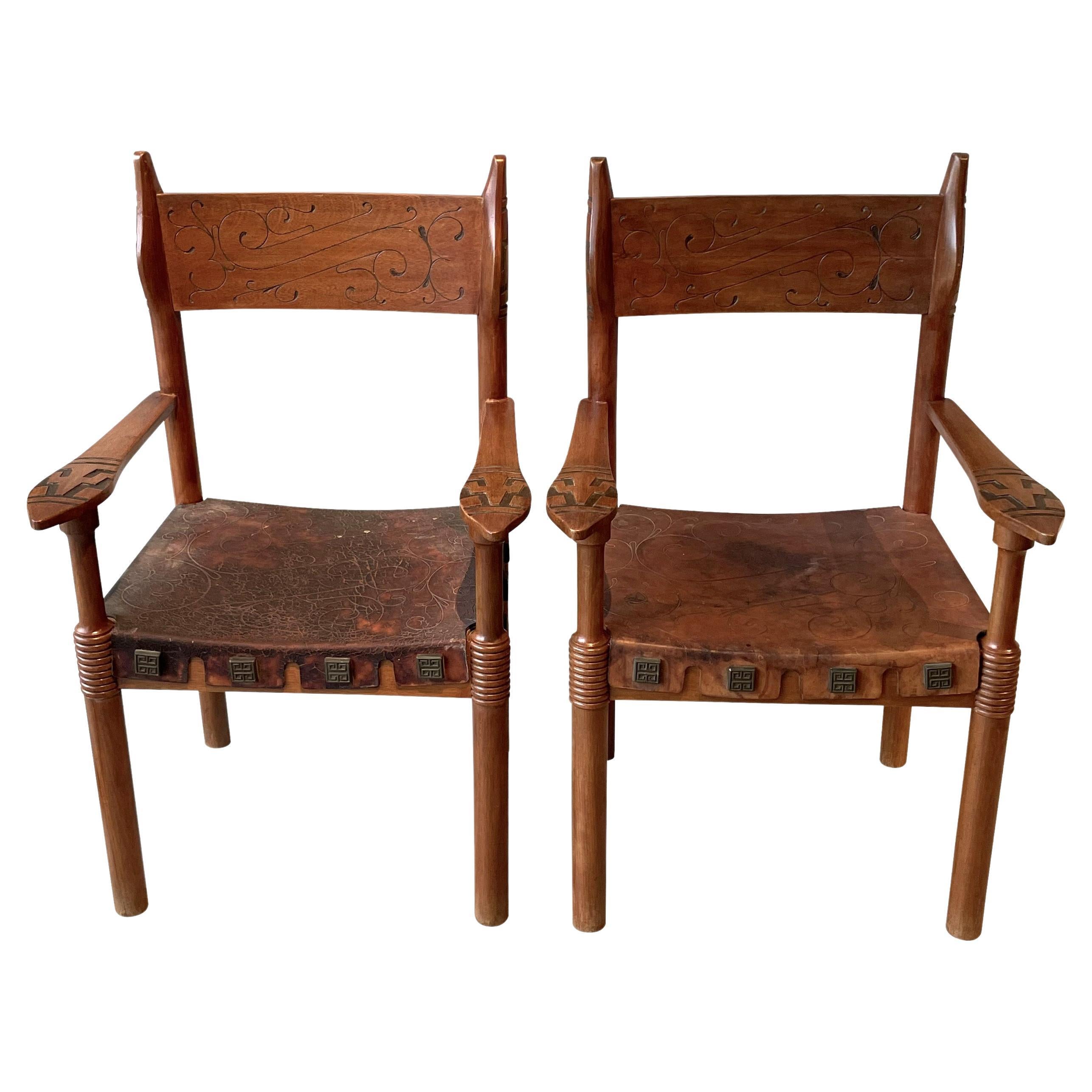 Brown Embossed Leather And Carved Wood Pair Arm Chairs, Spain, 1970s 