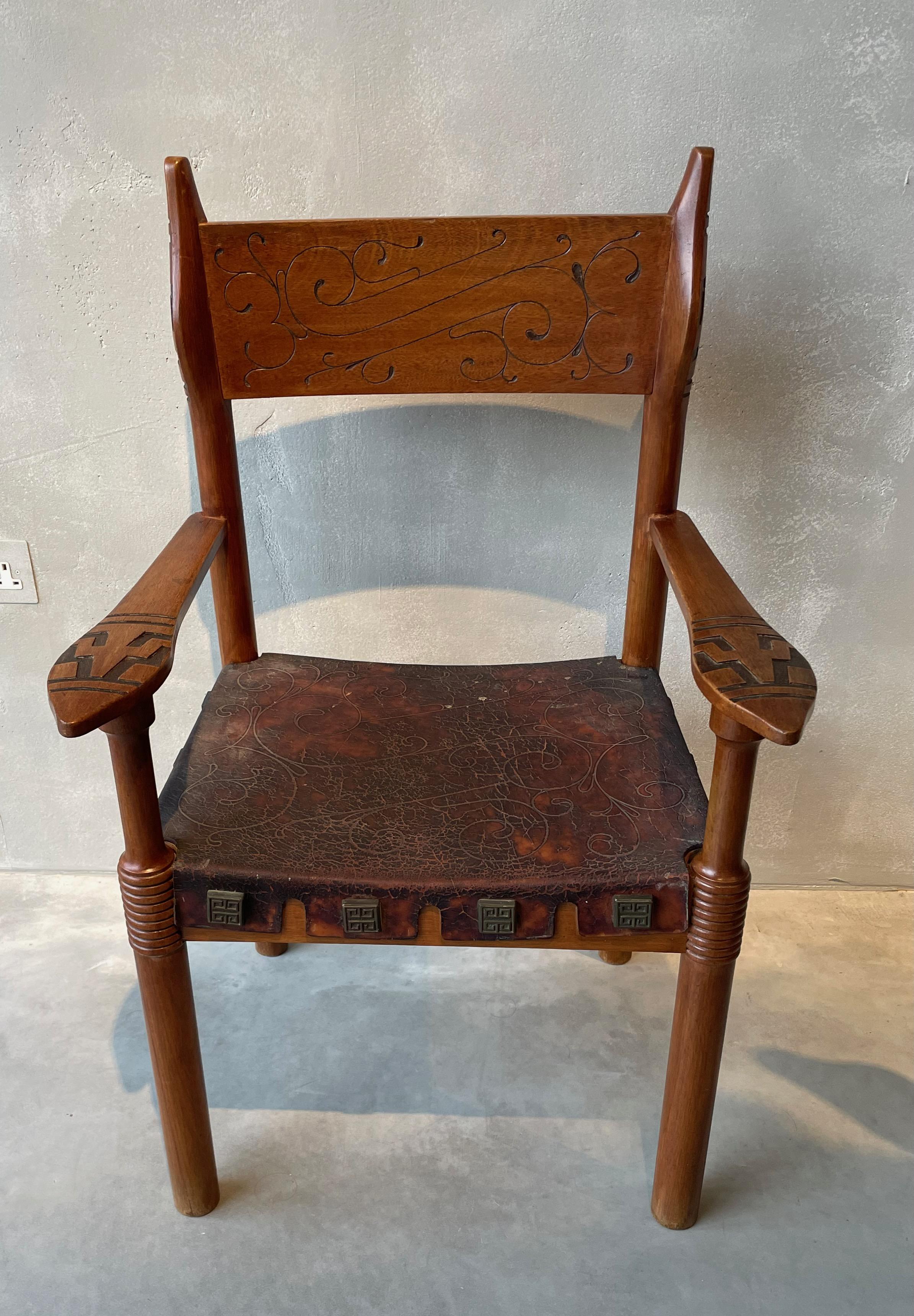 Late 20th Century Brown Embossed Leather With Wood Frame Pair Chairs, Spain, 1970s  For Sale
