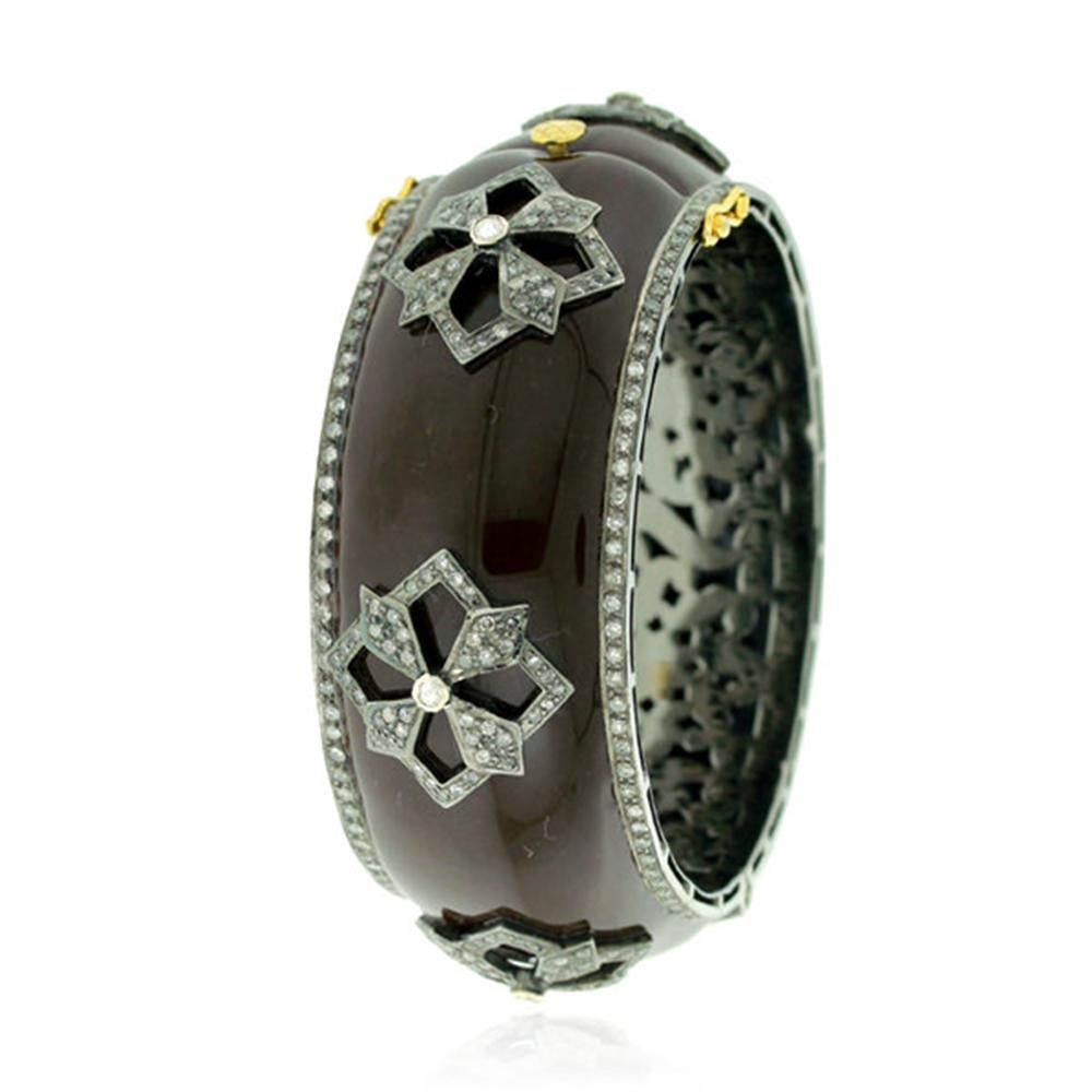 Modern Brown Enamel and Diamond Bangle in Gold and Silver For Sale