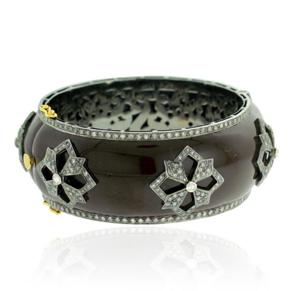 Round Cut Brown Enamel and Diamond Bangle in Gold and Silver For Sale