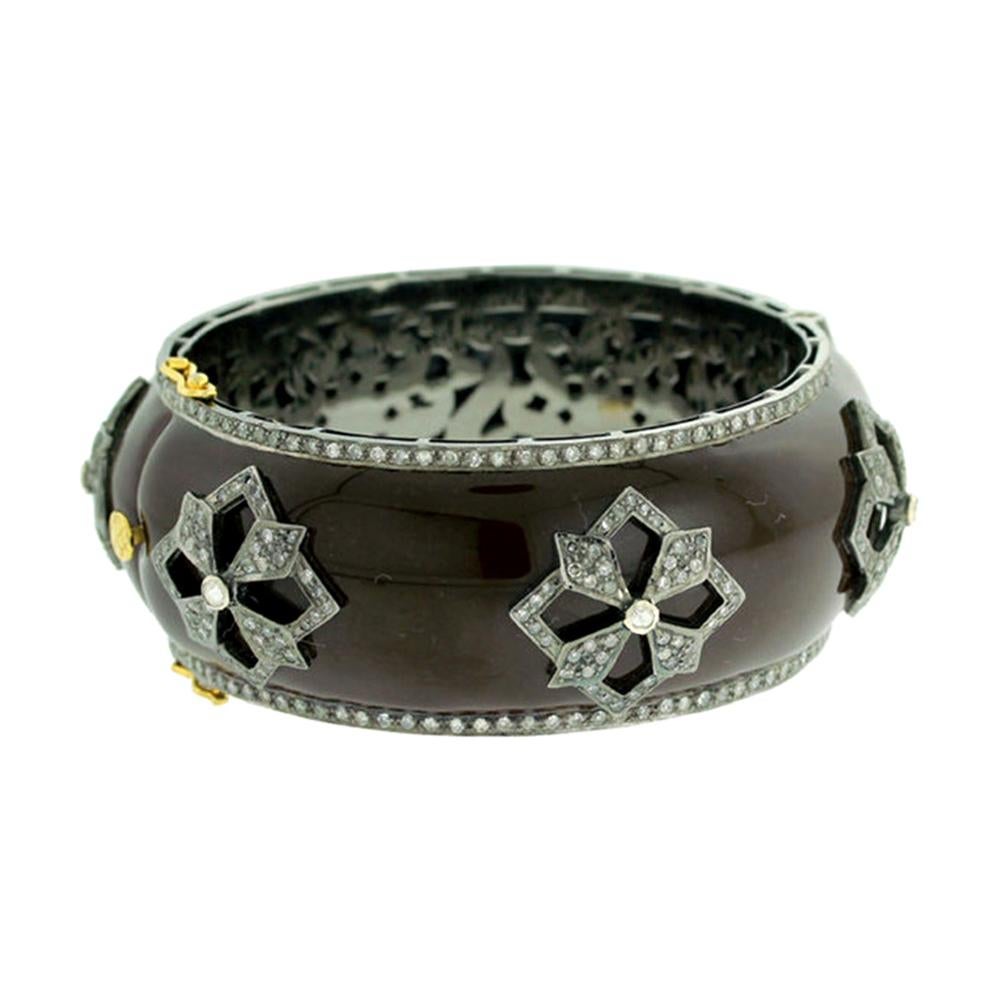 Brown Enamel and Diamond Bangle in Gold and Silver