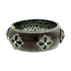 Brown Enamel and Diamond Bangle in Gold and Silver
