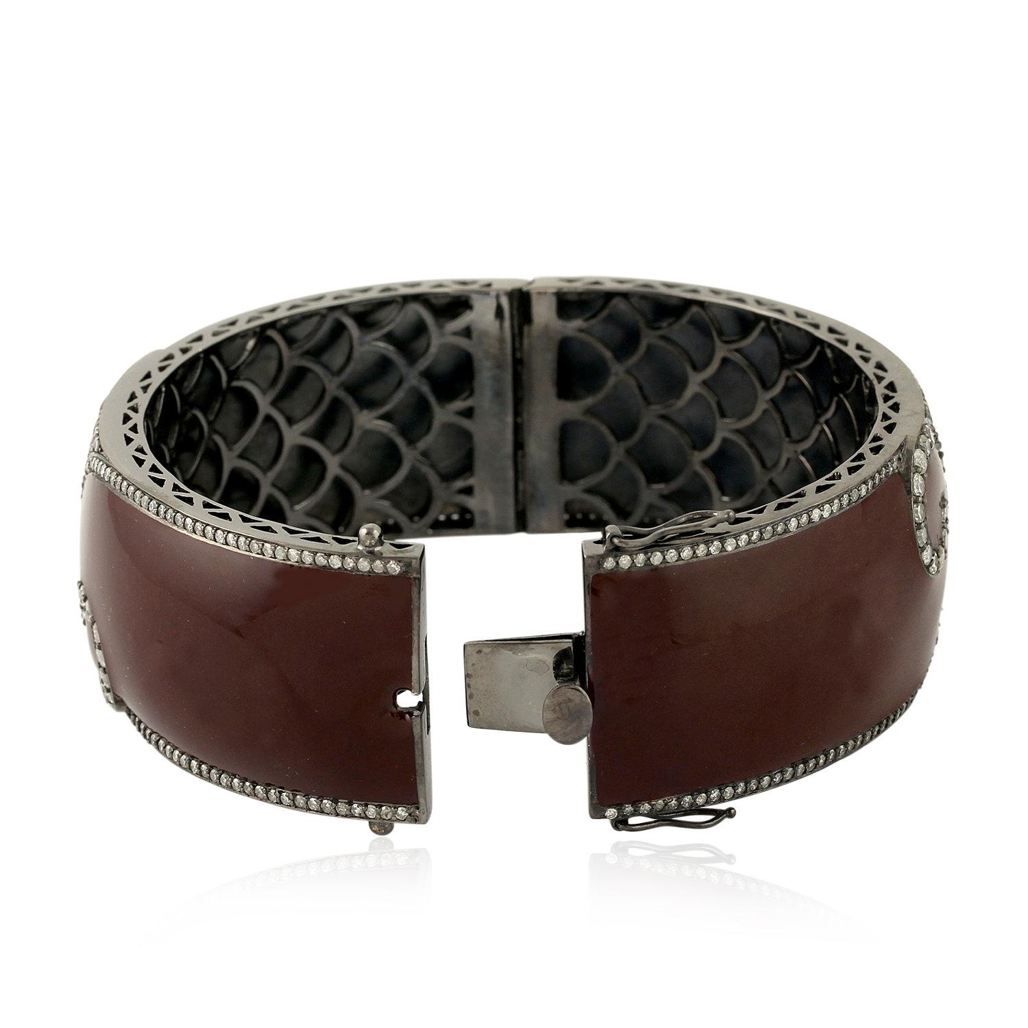 Mixed Cut Brown Enamel Cuff With pave Diamond Made In 18k Gold For Sale