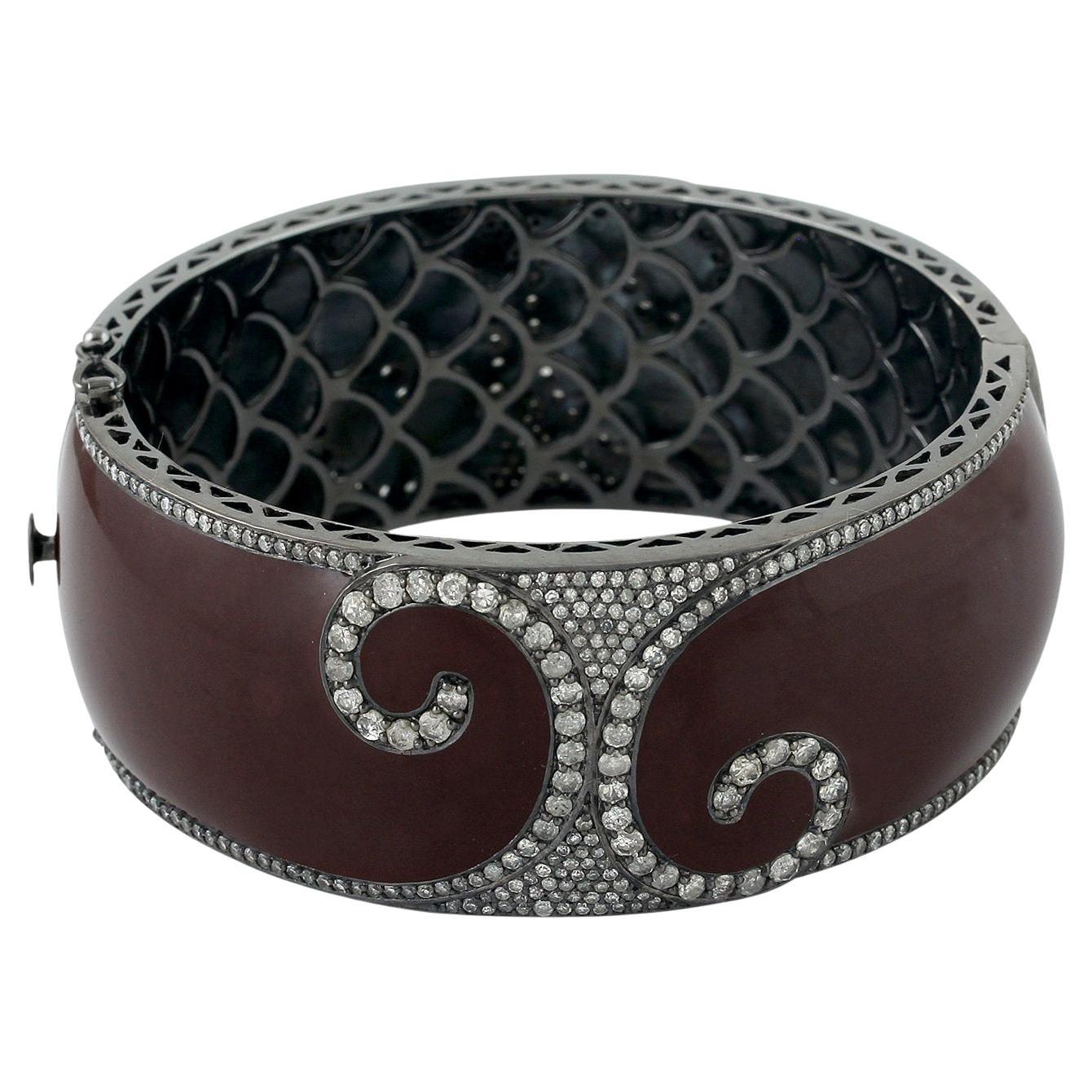 Brown Enamel Cuff With pave Diamond Made In 18k Gold