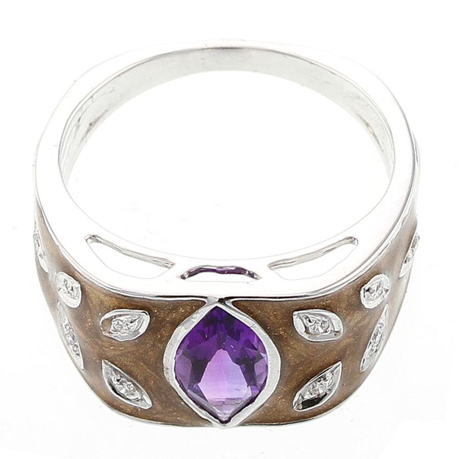 A bold Brown Enamel Ring with a large marquise cut Purple Amethyst accented with Diamonds. Amethyst: 0.92 cts, Diamonds: 0.07 cts. 18K White Gold