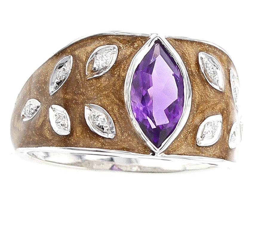 Marquise Cut Brown Enamel Ring with Amethyst and Diamonds, 18 Karat White Gold