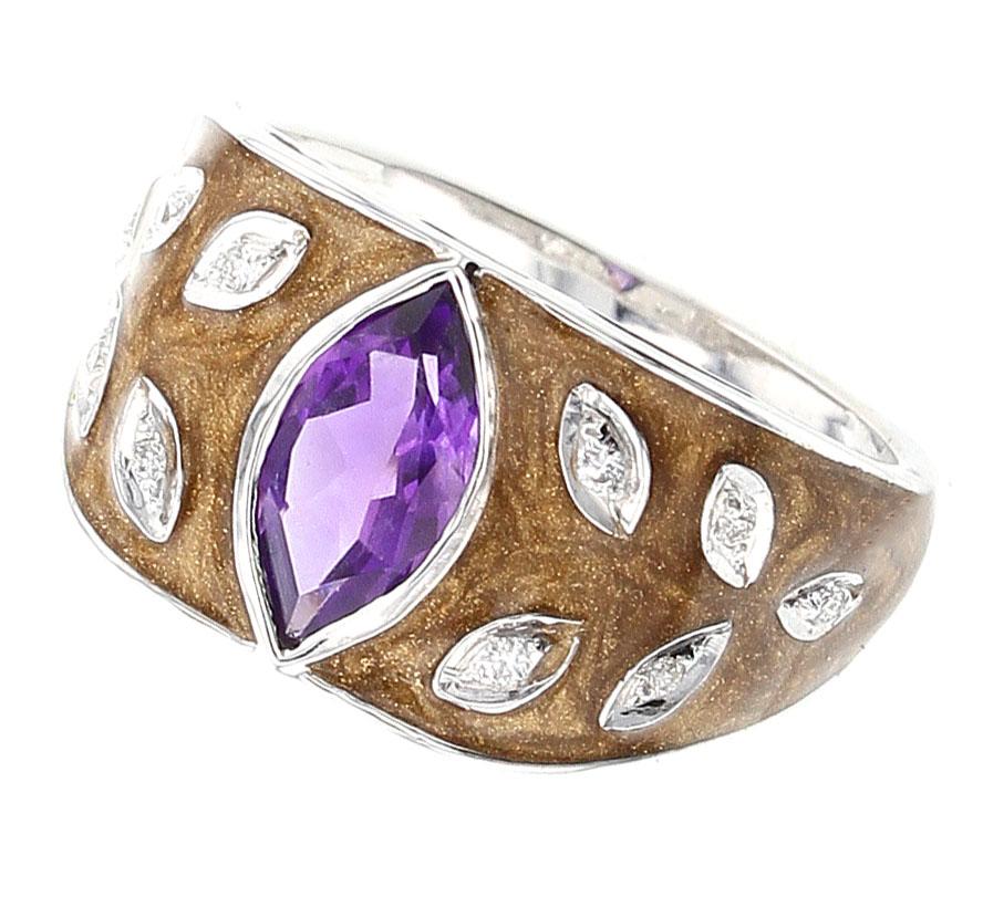 Brown Enamel Ring with Amethyst and Diamonds, 18 Karat White Gold In New Condition In New York, NY