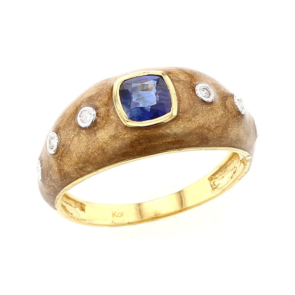 A bold Brown Enamel Ring with a cushion-shaped Blue Sapphire in the center, accented with Diamonds. Sapphire: 0.67 cts, Diamonds 0.04 cts. 18K Yellow Gold