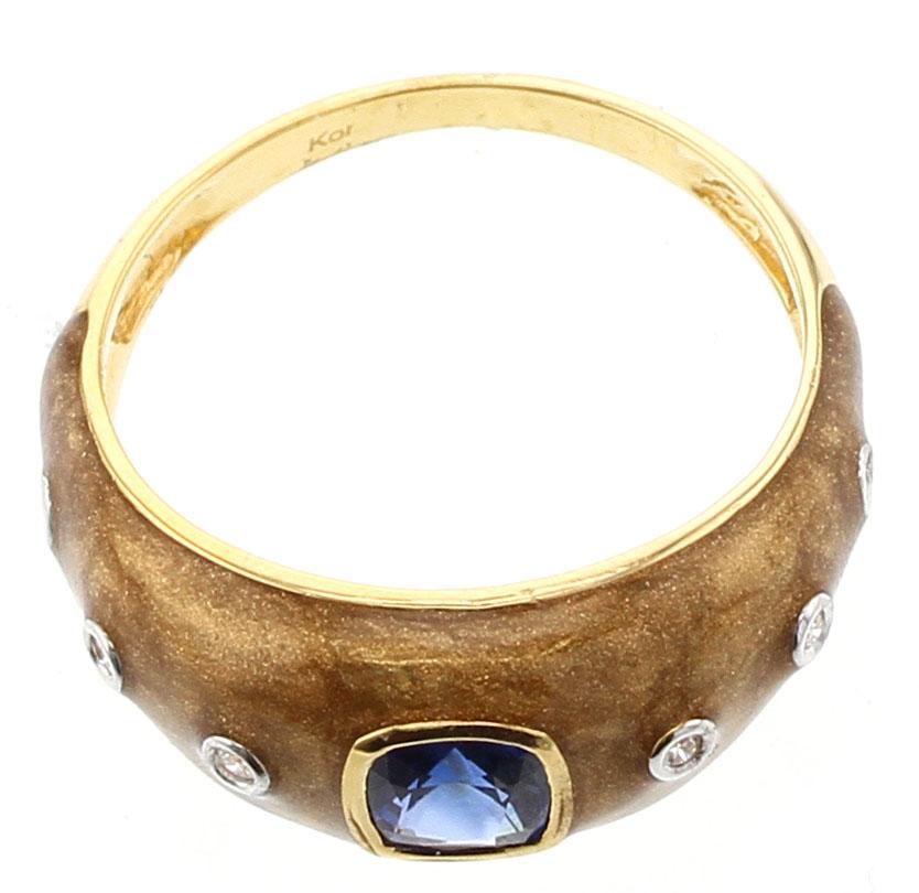 Brown Enamel Ring with Blue Sapphire and Diamonds, 18 Karat Yellow Gold In New Condition In New York, NY