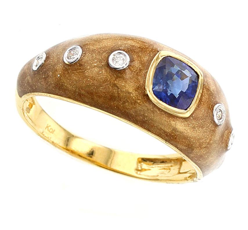 Women's or Men's Brown Enamel Ring with Blue Sapphire and Diamonds, 18 Karat Yellow Gold