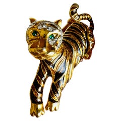 Brown Enamel Tiger Figural Brooch Pin Exotic Cat Green Eyes