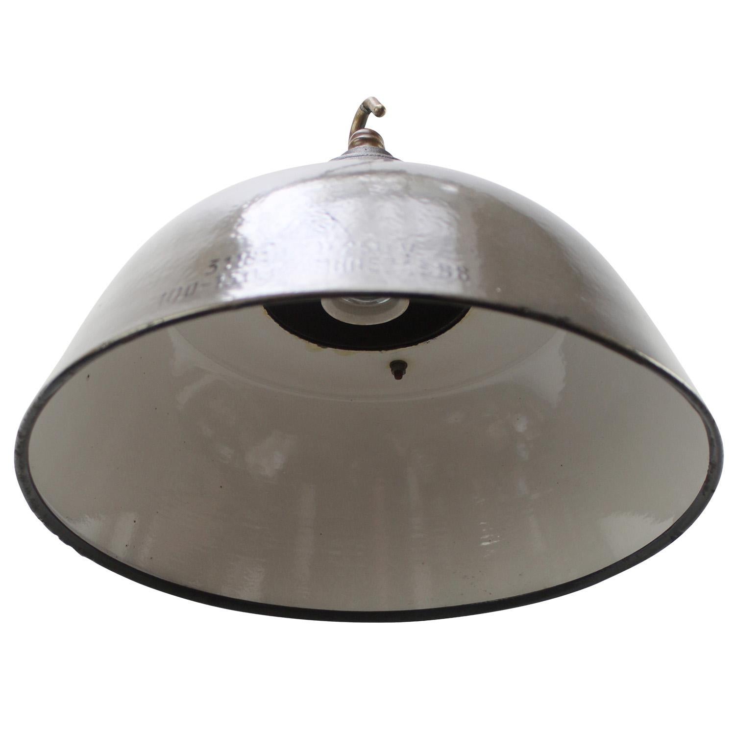 Hungarian Brown Enamel Vintage Industrial Cast Iron Brass Pendant Lights For Sale