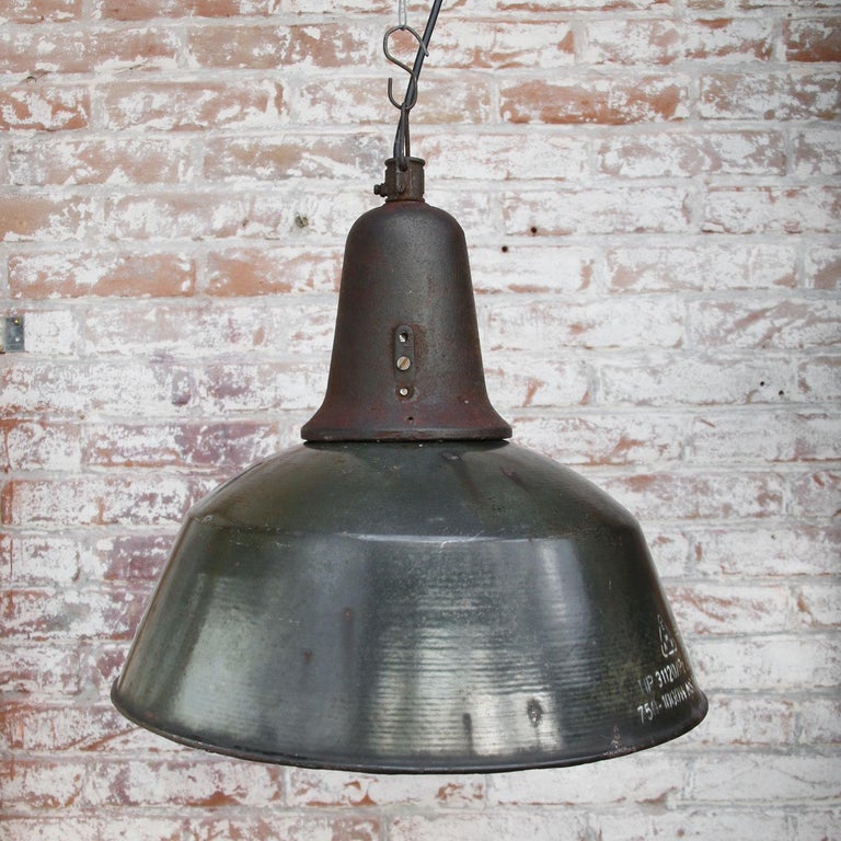 Brown Enamel Vintage Industrial Cast Iron Pendant Light For Sale at 1stDibs
